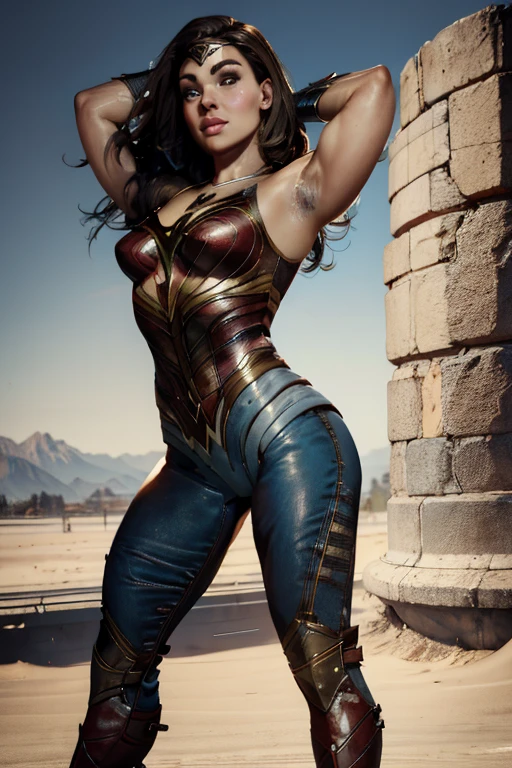Realistic Art Style, Natural Beauty, Masterpiece, Full Body View Visible, Hailee Steinfeld, Perfectly Accurate Face Proportion,Realistic Light Hazel Brown Eyes, Thick Eyebrows, Brown hair, slim toned Thighs, tight ass, perky round breast , slim athletic body type, perfect body type, seductive smile, wonder woman