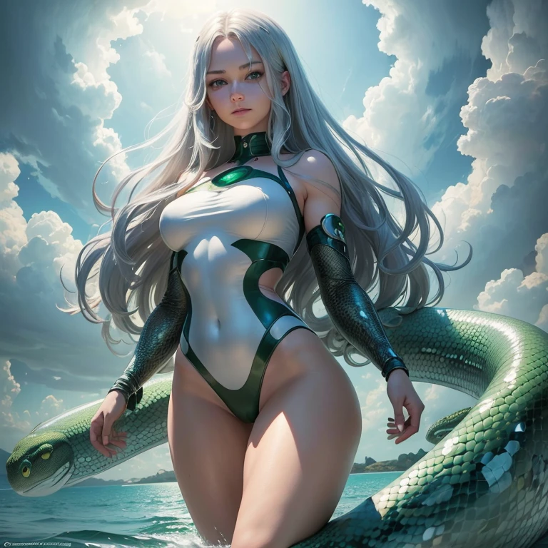 (((medium full shot))), (Masterpiece, photorealistic, photorealism, best quality, ultra-detailed:1.3), (nice hands, perfect hands), official art, cinematic light, (1girl:1.3), adult, The snake, coils, the water, and the horizon line are cloudy. A long snake is seen in the sky, and a big cloud is also present. A giant green snake coils around a woman. The snake's eyes are green, and its body is huge. While the woman's . The woman has long gray hair and white skin. Her eyes are round and blue, and her face is oval. Small, her thighs and arms are slim.