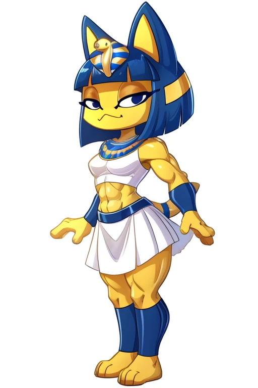 sideview digital artwork of a barefoot ankha with abs wearing a crop top white sleeveless dress shirt with white skirt, she looks very smug