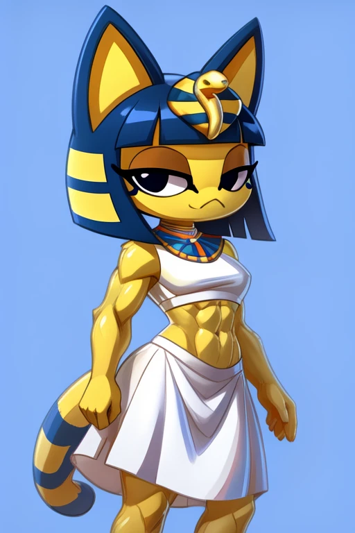 sideview digital artwork of a barefoot ankha with abs wearing a crop top white sleeveless dress shirt with white skirt, she looks very smug