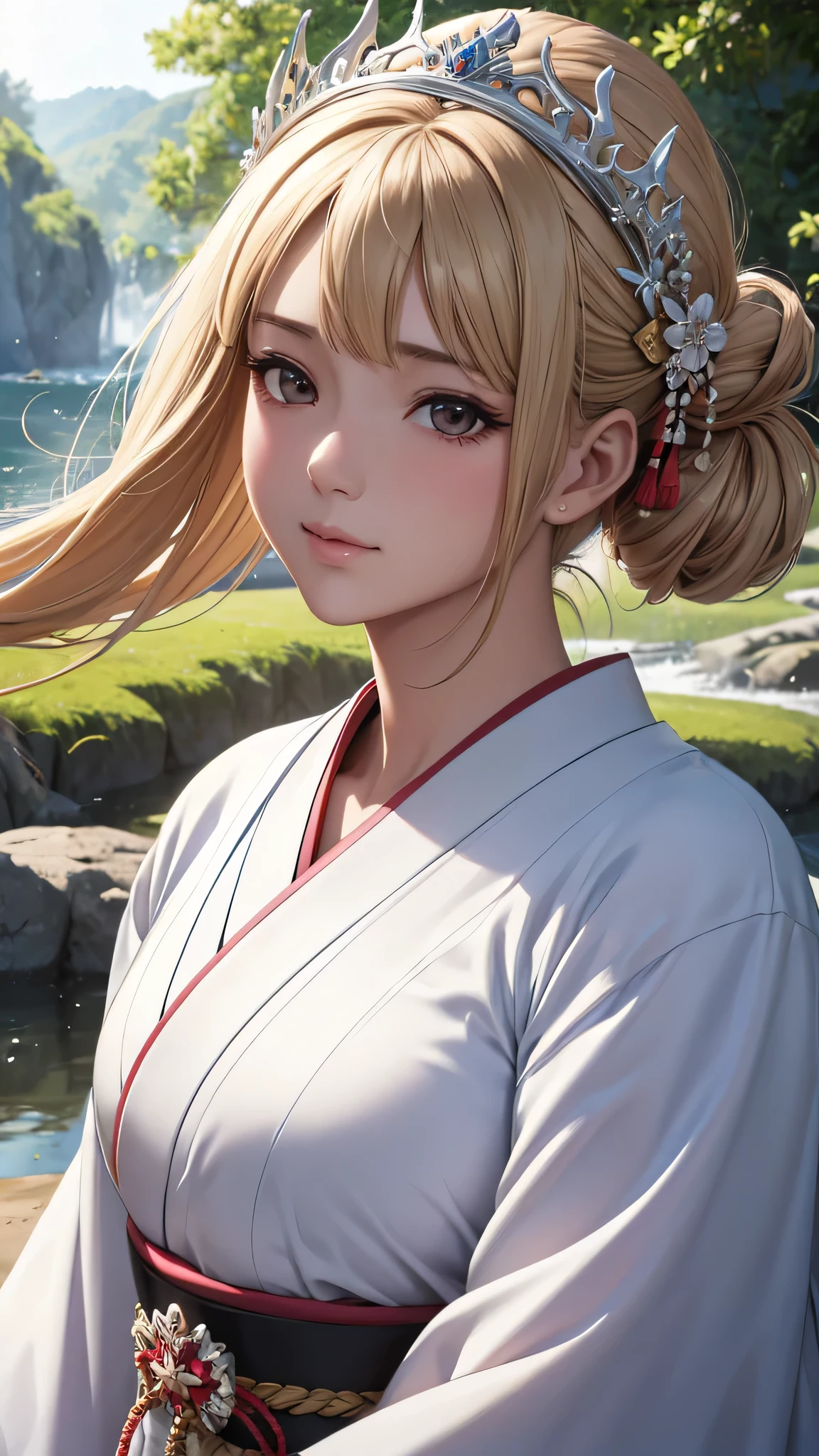 a girl, Japanese clothing, Sunlight, ((Clear face)), ((face close-up)),((Rich tiara)),Upper body,clean white background, masterpiece, Super details, epic work, ultra high definition, high quality, Very detailed, official art, 8k wallpaper, Super details, 32k