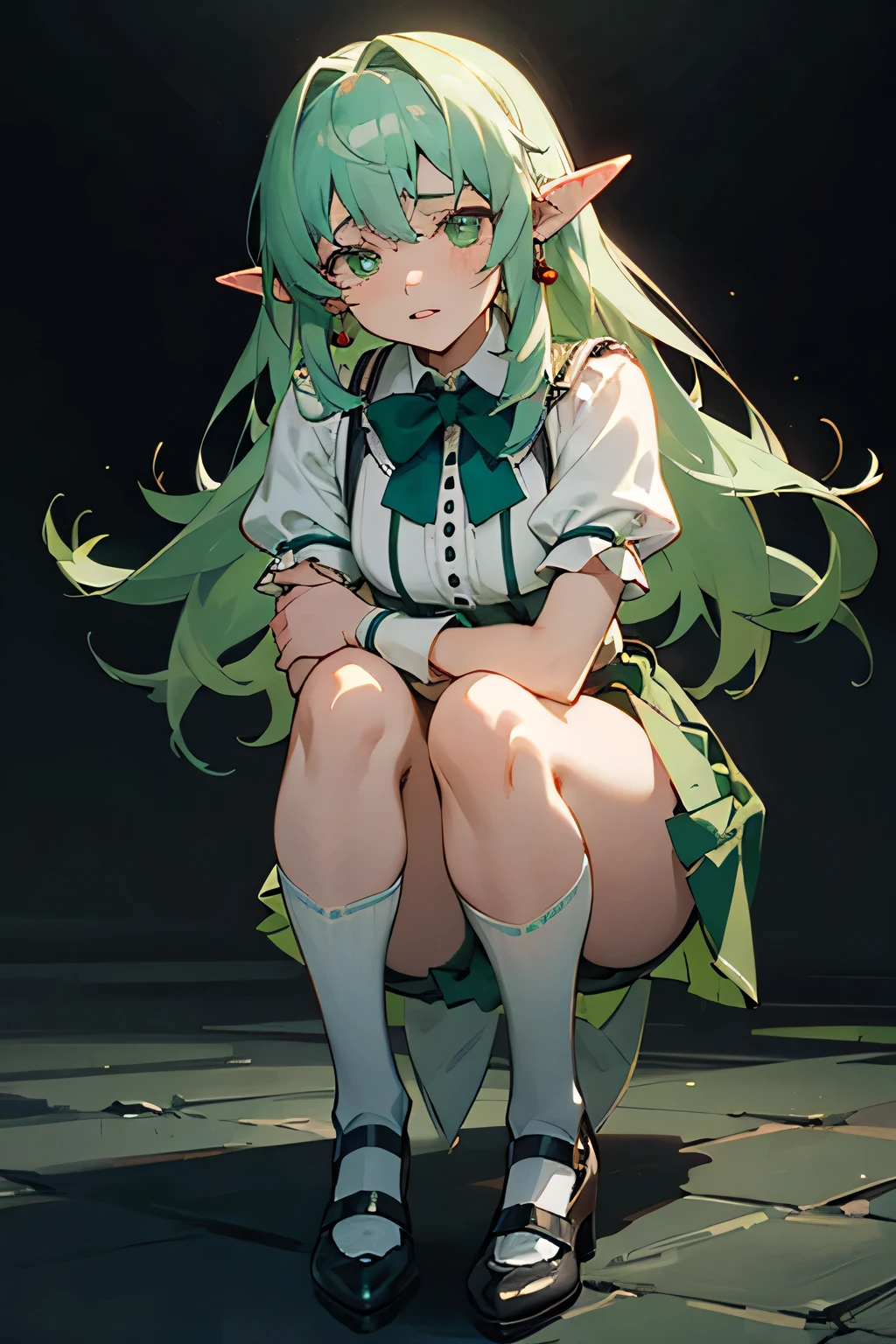 A full body shot of a sad anime elf girl with the same face and short, emerald green hair as the elf from Goblin Slayer, with vivid green eyes filled with sorrow. She has the distinct head shape and long, pointed ears like the elves from Goblin Slayer, adorned with small, intricate silver earrings. She is wearing a consisting of a fitted white blouse with a large, soft green bow tie at her neck, a pleated skirt that reaches just above her knees, and knee-high white socks paired with black mary jane shoes. The blouse features delicate lace accents along the collar and cuffs, adding a touch of elegance. The green bow tie at her neck is neatly tied, creating a charming focal point. Her expression is melancholic, with a slight downturn of her lips and a faraway look in her eyes. She stands in a dark setting with a black background, drawn in the art style of A-1 Pictures, shot with a Sony A7R IV, 50mm f/1.4 lens, muted anime-style colors make her happy