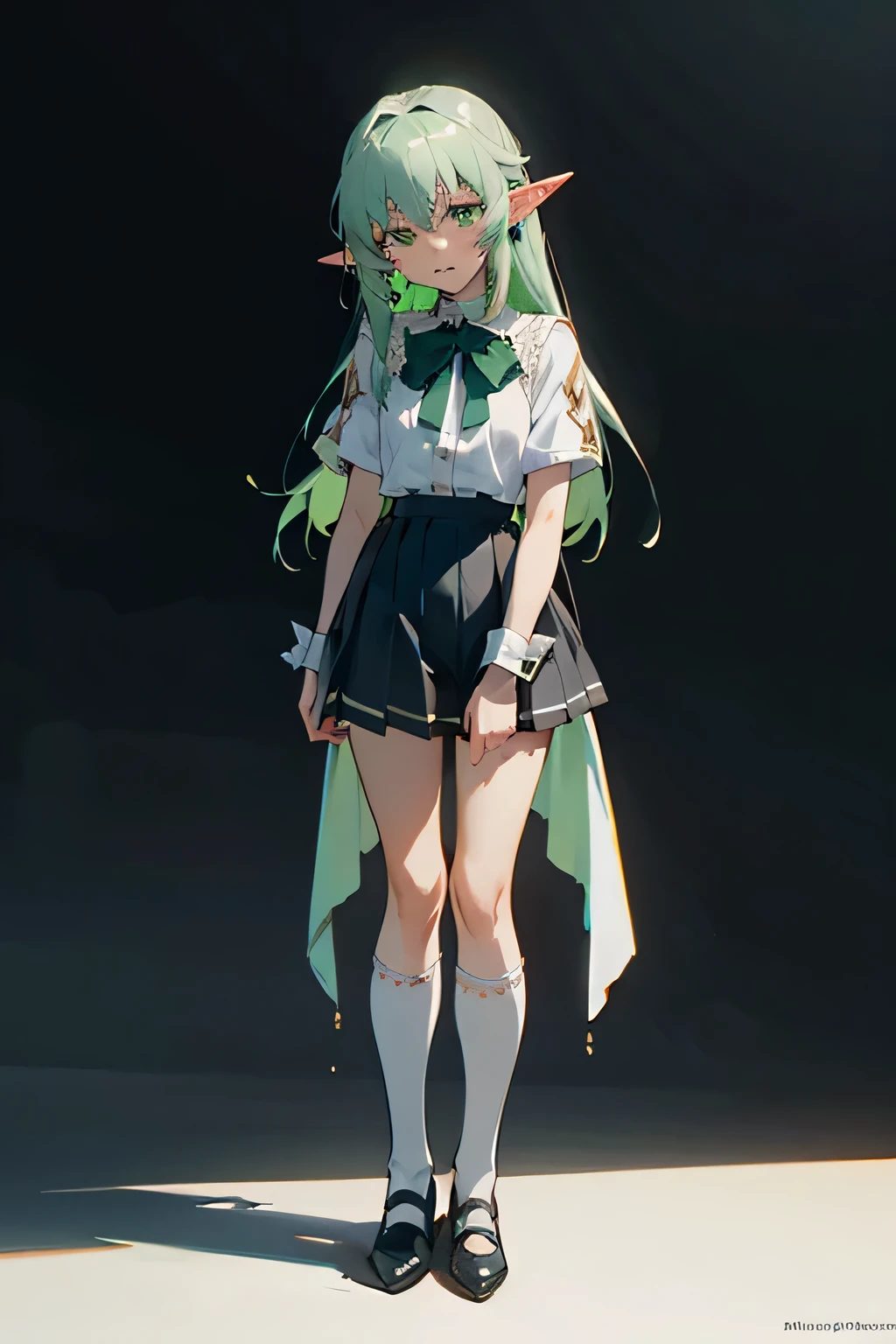 A full body shot of a sad anime elf girl with the same face and short, emerald green hair as the elf from Goblin Slayer, with vivid green eyes filled with sorrow. She has the distinct head shape and long, pointed ears like the elves from Goblin Slayer, adorned with small, intricate silver earrings. She is wearing a  consisting of a fitted white blouse with a large, soft green bow tie at her neck, a pleated skirt that reaches just above her knees, and knee-high white socks paired with black mary jane shoes. The blouse features delicate lace accents along the collar and cuffs, adding a touch of elegance. The green bow tie at her neck is neatly tied, creating a charming focal point. Her expression is melancholic, with a slight downturn of her lips and a faraway look in her eyes. She stands in a dark setting with a black background, drawn in the art style of A-1 Pictures, shot with a Sony A7R IV, 50mm f/1.4 lens, muted anime-style colors make her happy