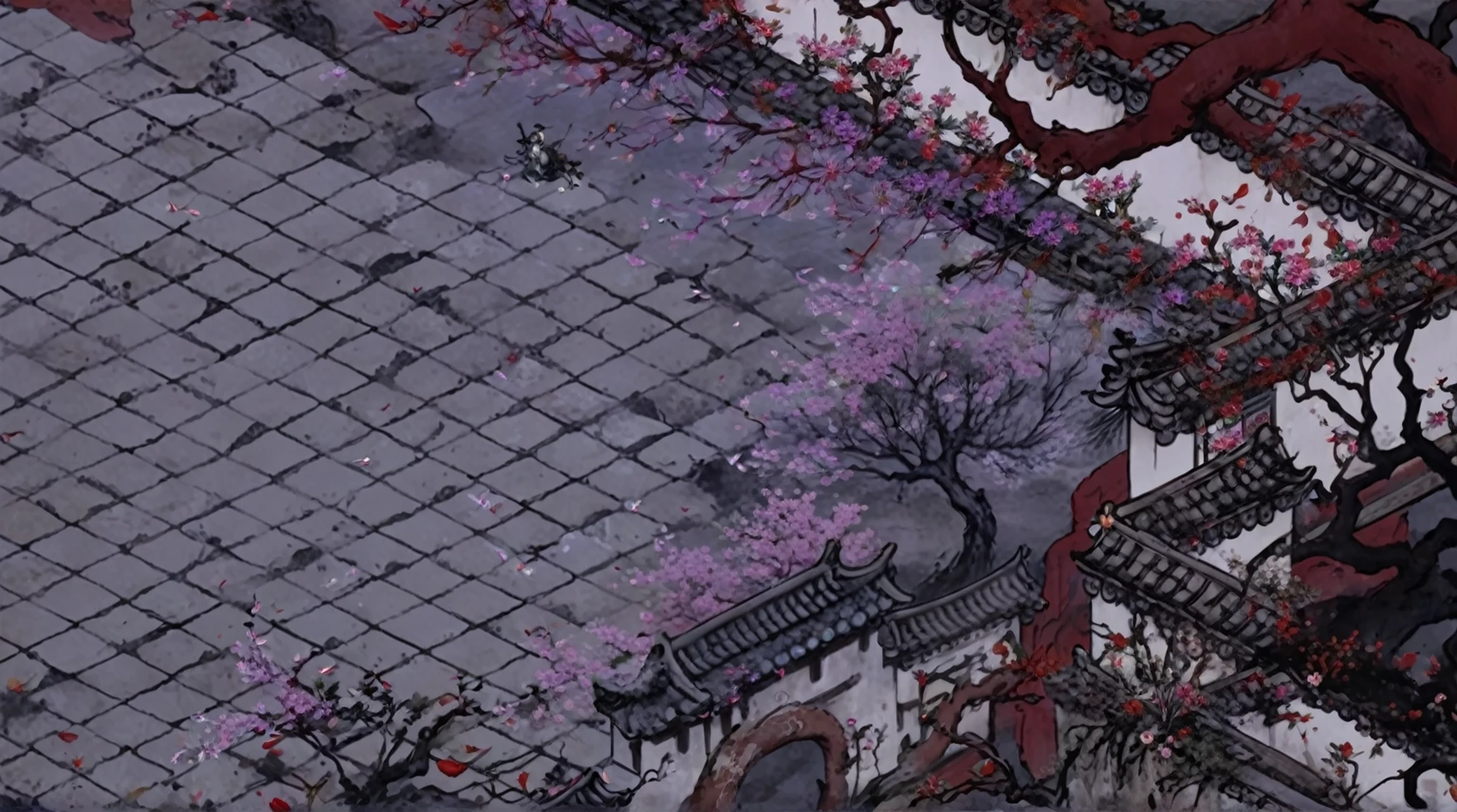 A game scene,Ancient ink painting,Chinese style,Xianxia style,Originally a human residence,Occupied by the Flower Demon,Slightly run-down,The surrounding walls are covered with the roots of the flower demon,And full of all kinds of gorgeous flowers,The ground is in disrepair,Overgrown with weeds and some fallen petals,Reference Mojing Game。