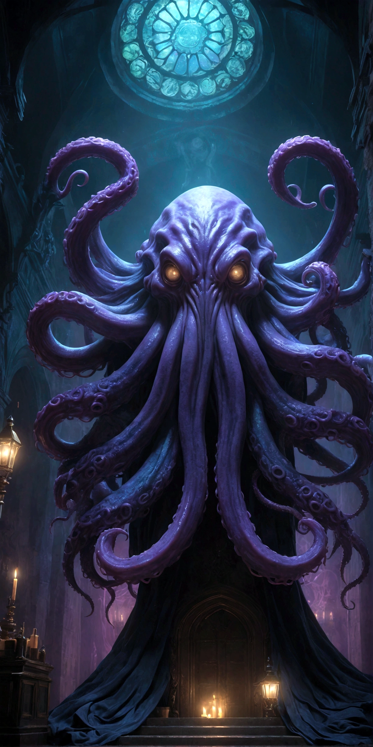 cthulhu elder god, dark fantasy, tentacles, horror, malevolent entity, cosmic horror, dark magic, gothic architecture, dramatic lighting, moody atmosphere, dark colors, blue and purple tones, chiaroscuro lighting, cinematic composition, realistic rendering, (best quality,4k,8k,highres,masterpiece:1.2),ultra-detailed,