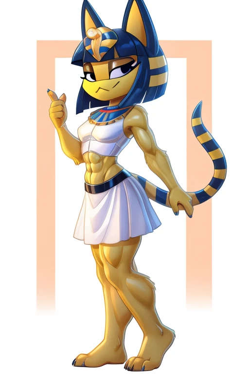 sideview digital artwork of a barefoot ankha with abs wearing a crop top white sleeveless dress shirt with white skirt, she looks very smug, navel piercing 