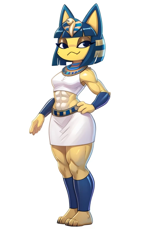 sideview digital artwork of a barefoot ankha with abs wearing a crop top white sleeveless dress shirt with white skirt, she looks very smug, navel piercing