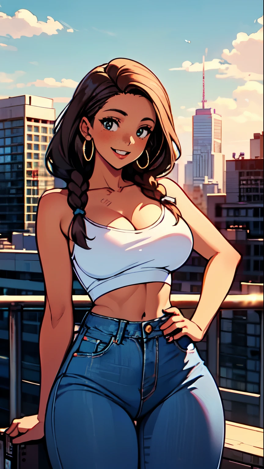 Girl with black skin, braided brown hair, Box braids, black eyes, smiling, super tight jeans big hips, hands down, black bra, white tube top , white top, bare shoulders, big circle gold earrings, freckles, big lips, on a rooftop, nyc skyline in the background, blue skies big clouds