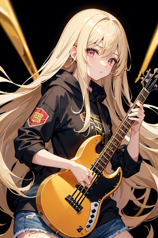 background through, long hair、 straight hair、 ((gold hair girl)), silver eyes、 Super high quality, 8K、Upper body、 black background、 Band vocals、 (black hoodie)、 ((big tits)), ((((Young face)))), ((red bass Guitar)), denim shorts,
