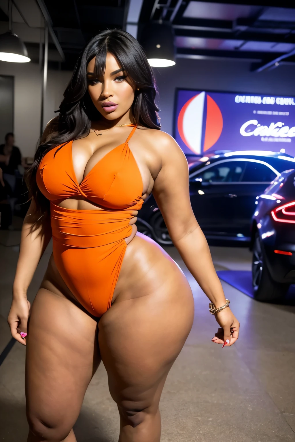 Objective: Capturing the ultimate embodiment of Womancore in a neon-orange, asymmetrical romper.
Personality: Confident, bold, and empowering, embodying the spirit of four iconic ladies - Dua Lipa, Megan Thee Stallion, Victoria Cakes, and Blac Chyna, infused with the fierceness of Vixen from DC Comics.
Physique: Bottom-heavy, boasting superior curves, flat chest, a narrow triangular waist, and the widest hips in the world, accentuated by exaggerated curves and thick, powerful thighs and hips.
Location: Amidst the vibrant and wh