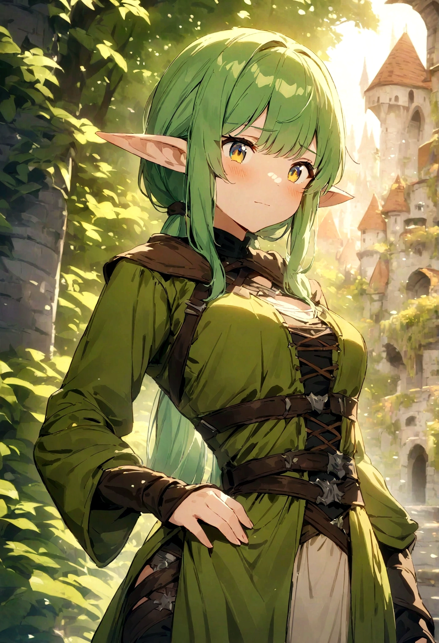(masterpiece:1.2),(anime),(Medieval Background),(Elf sisters),Rogue Outfit,in the forest,((Fantasy)),Fantasy,cute,Light Effects