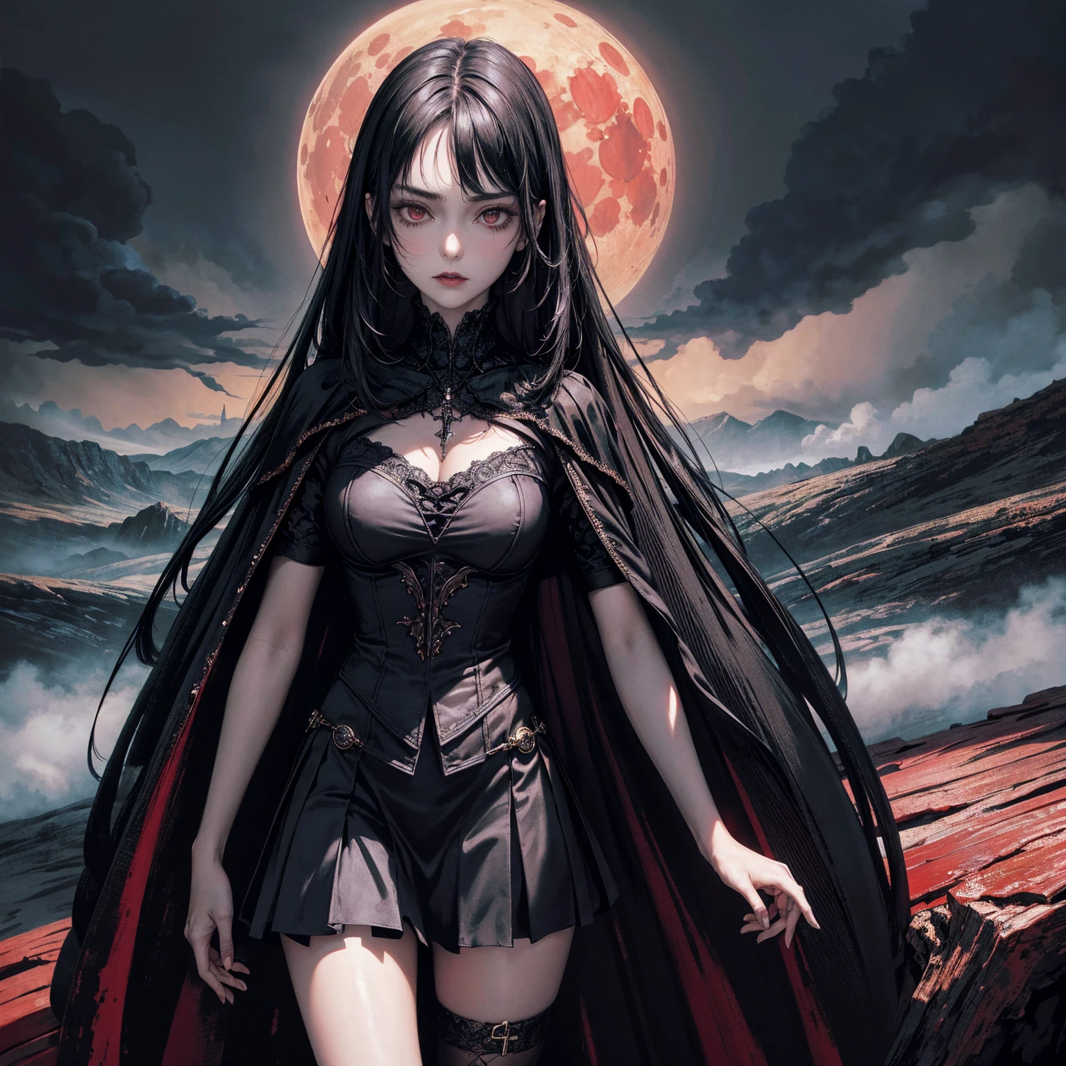 best quality, 4k, high resolution, masterpiece:1.2, Very detailed, actual:1.37, Mood lighting, Girl in a long cape, Wearing a tight gothic skirt that shows a little skin above the chest, Dangerous sneer, Black Hair, Standing, Positive face, Crucified, Pitch black sky, Blood-red moon, strange atmosphere, Gothic style, Unforgettable beauty, Dramatic shadows, Ethereal Light, Mysterious atmosphere.