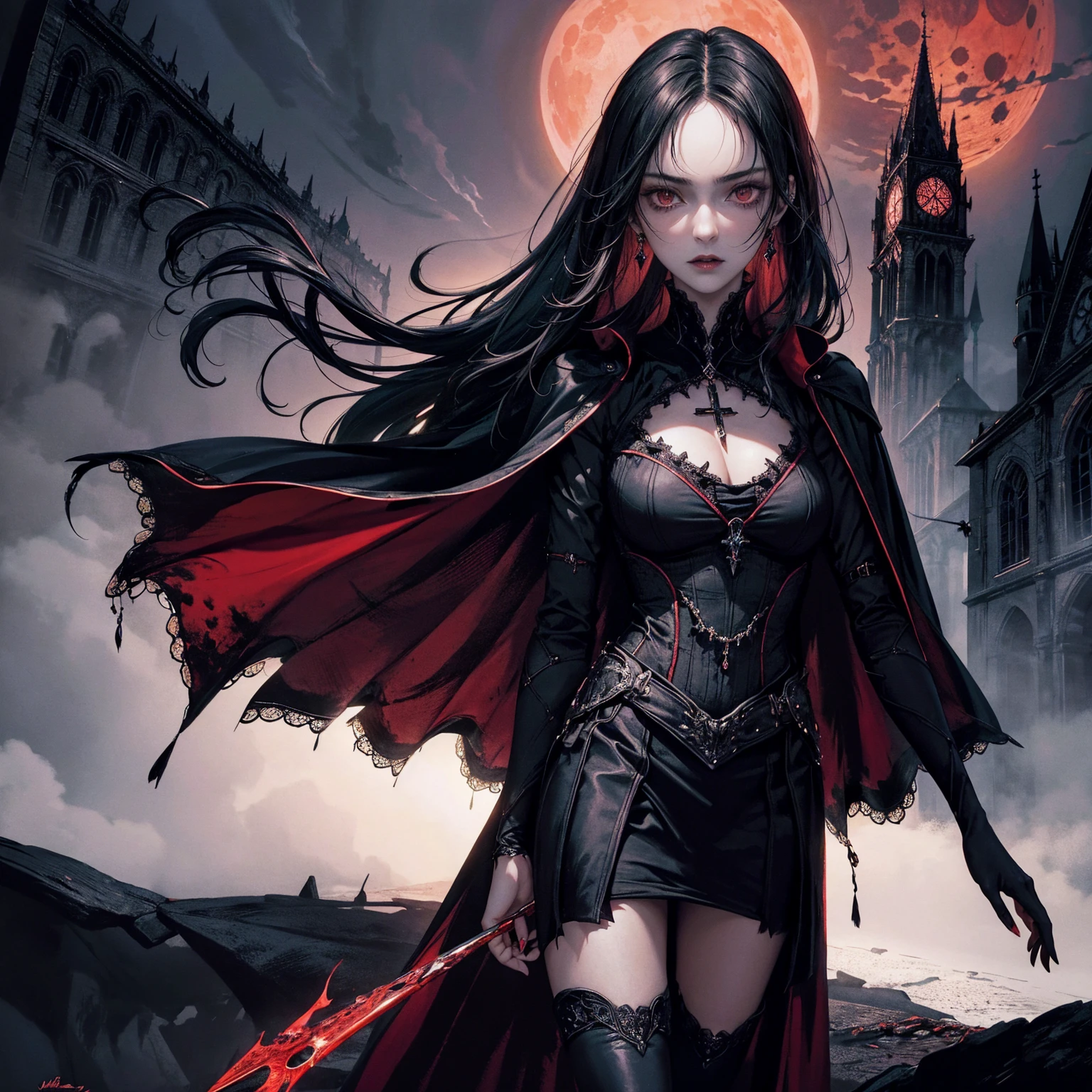best quality, 4k, high resolution, masterpiece:1.2, Very detailed, actual:1.37, Mood lighting, Girl in a long cape, Wearing a tight gothic skirt that shows a little skin above the chest, Dangerous sneer, Black Hair, Standing, Positive face, Crucified, Pitch black sky, Blood-red moon, strange atmosphere, Gothic style, Unforgettable beauty, Dramatic shadows, Ethereal Light, Mysterious atmosphere.