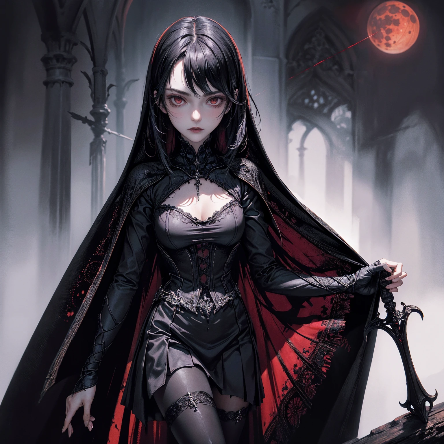 best quality, 4k, high resolution, masterpiece:1.2, Very detailed, actual:1.37, Mood lighting, Girl in a long cape, Wearing a tight gothic skirt that shows a little skin above the chest, Dangerous sneer, Black Hair, Standing, Positive face, Crucified, Pitch black sky, Blood-red moon, strange atmosphere, Gothic style, Unforgettable beauty, Dramatic shadows, Ethereal Light, Mysterious atmosphere.