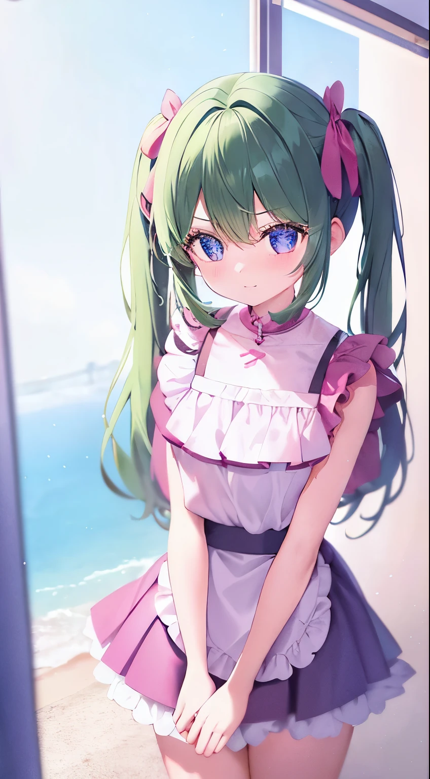 Summer vacation,(8-year-old girl:1.2),Akihabara Maid Clothing,mini skirt,Green Hair Anime Girl,(Twin tails:1.1),Small breasts