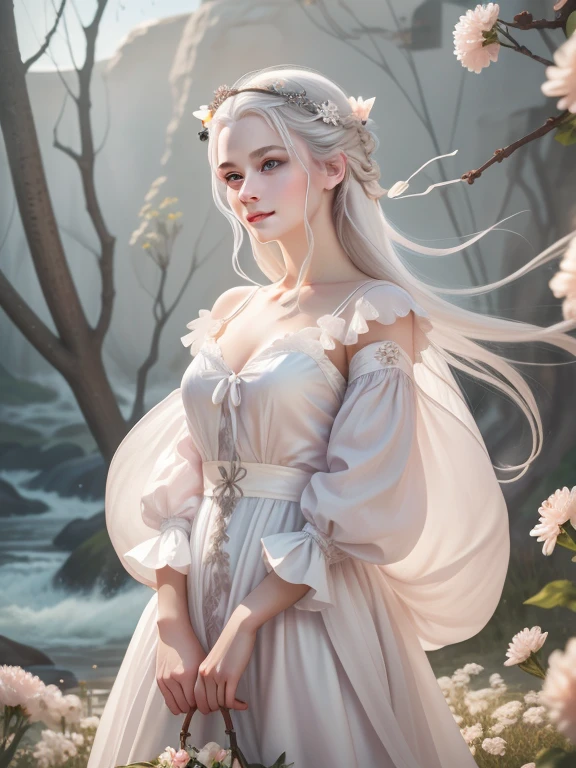 masterpiece, Great work, Daytime, Outdoor, Falling Flowers, White Dress, 1 girl, Perfect Woman, Woman with long silver and white hair, Gray Blue Eyes, Pale pink lips, cold, Severe, Van, Purple eyes, White clothes, Black Apparel Line, Delicate face, Graceful Face, Standing Bow, Tassel, The knot of happiness, smile