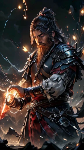 （Lightning affects the atmosphere, HD lighting and darkness )<=(Great image quality)Dark atmosphere with bright particle lights(Many effects in the background)<=(Great image quality)Dark atmosphere with bright particle lights(Many effects in the background),Oriental、Men in ancient Chinese costumes、ancient chinese hairstyle men、Three Kingdoms、Multiple warlords、highest quality、masterpiece、Ultra-high resolution、(Realistic:1.4)、Game Poster、Crisp and beautiful image quality、Red clothes、Long beard、Embroidered cloth wrapped around a topknot、
