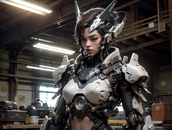 top quality, future world, A beautiful woman combined with a cutting-edge robot, Transformed into a cyborg except for the face and some parts, ig model, sexy images, Wires are connected to the back of the body, As sexy as possible, Partial exposure of chest and lower body, I can see my whole body, The place is indoors with a view of the outside.