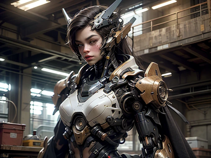 top quality, future world, A beautiful woman combined with a cutting-edge robot, Transformed into a cyborg except for the face and some parts, ig model, sexy images, Wires are connected to the back of the body, As sexy as possible, Partial exposure of chest and lower body, I can see my whole body, The place is indoors with a view of the outside.