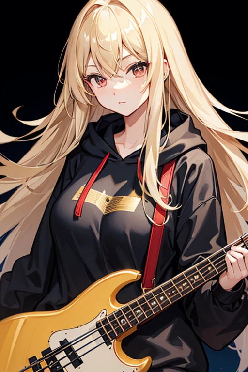 background through, long hair、 straight hair、 ((gold hair girl)), silver eyes、 Super high quality, 8K、Upper body、 black background、 Band vocals、 (black hoodie)、 ((big tits)), ((((Young face)))), ((red bass Guitar)), denim shorts,