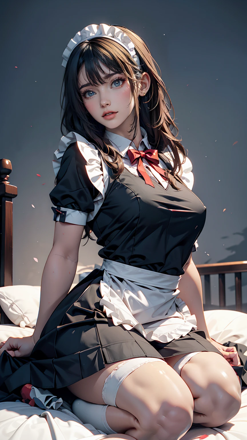 Long black hair , Wearing a maid outfit, Kneel, Feet and five fingers, More meat, Cute 2D, background backlightHD  