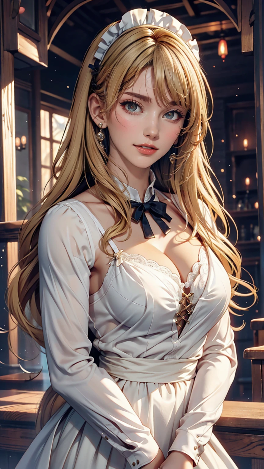 18 year old beautiful girl, Big eyes, Big Breasts, Small and slim, 8k, highest quality, (Highly detailed head: 1.0), (Highly detailed face: 1.0), (Very fine hair: 1.0), Maid clothes, Highly detailed official artwork, Anime Moe Art Style, Beautiful and detailed anime art, smile, Blonde, Sleek Long Hair