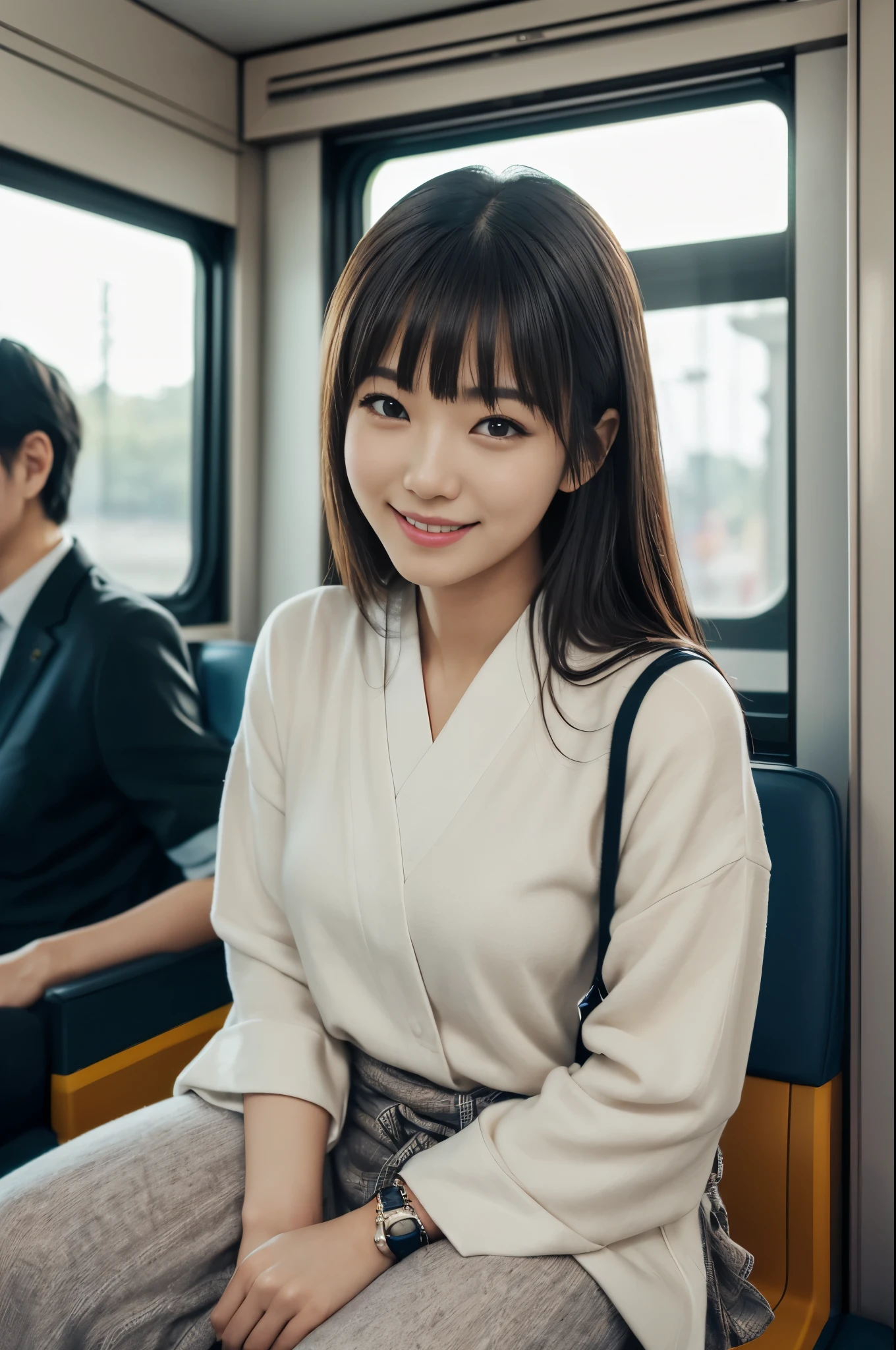 ((Tabletop:1.4, highest quality)), (Realistic photos:1.4),
((1 girl)), (Pure actress),
(超High resolution:1.2), Very delicate and beautiful, wonderful, Very detailed CG Unity 8k wallpaper, Very detailed, High resolution,
Soft Light, Beautiful detailed girl, Very detailedな目と顔, Beautiful and detailed nose, Beautiful and detailed,
(Wear casual spring clothes:1.3),
Cinema Lighting, Perfect Anatomy, Slender body, (Parted bangs),
(Riding on a Japanese local train:1.3), (Car window), (Japan'The original landscape of),
Cowboy Shot, Looking at the audience, smile