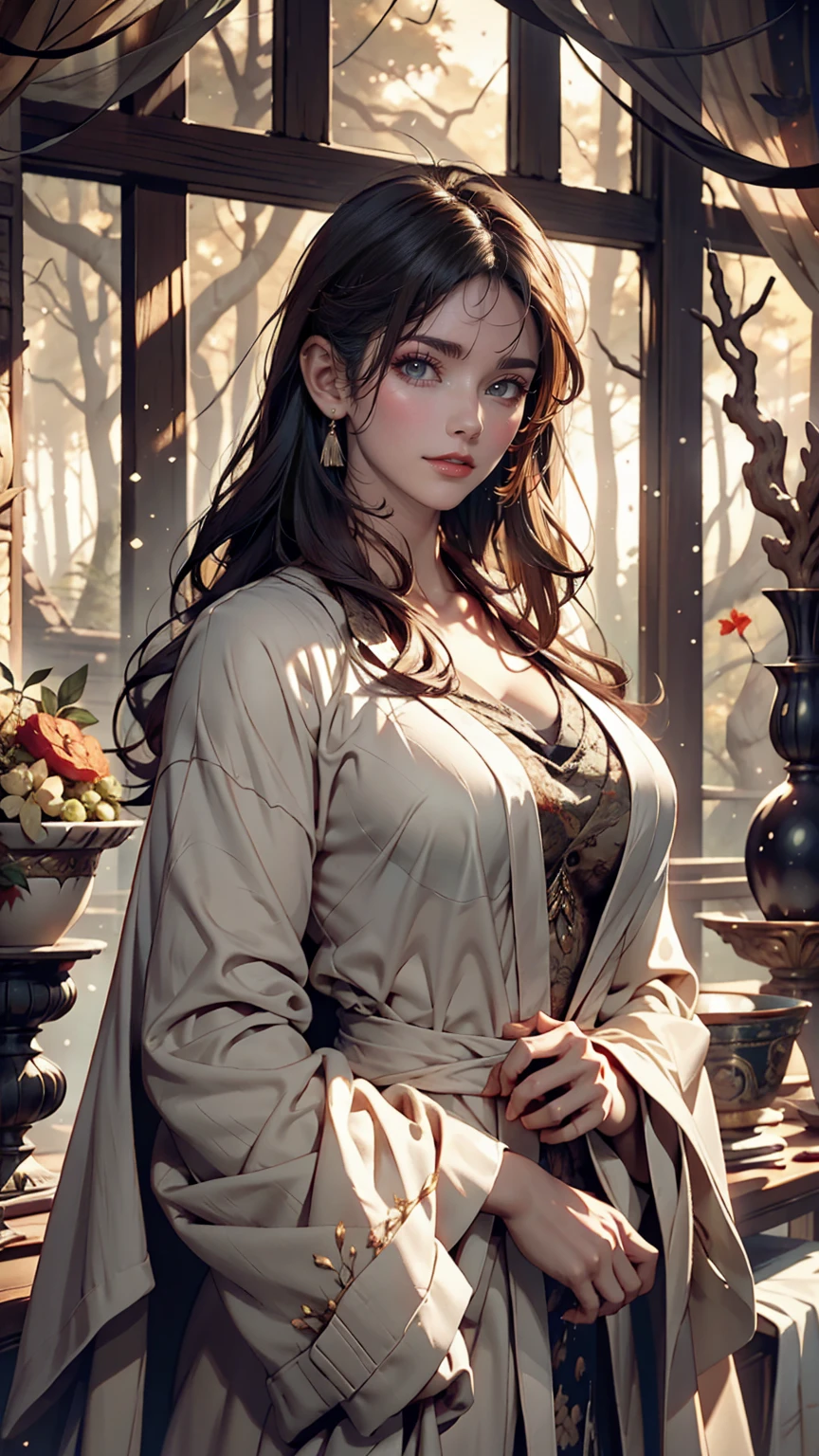 Beautiful girl in a gray robe standing in a dark forest, Magnificent style, Octane Rendering, Desert Composition, Beautiful Face, Surreal, Oil on canvas, Award-winning, masterpiece, Trending on Art Station, Studio Ghibli