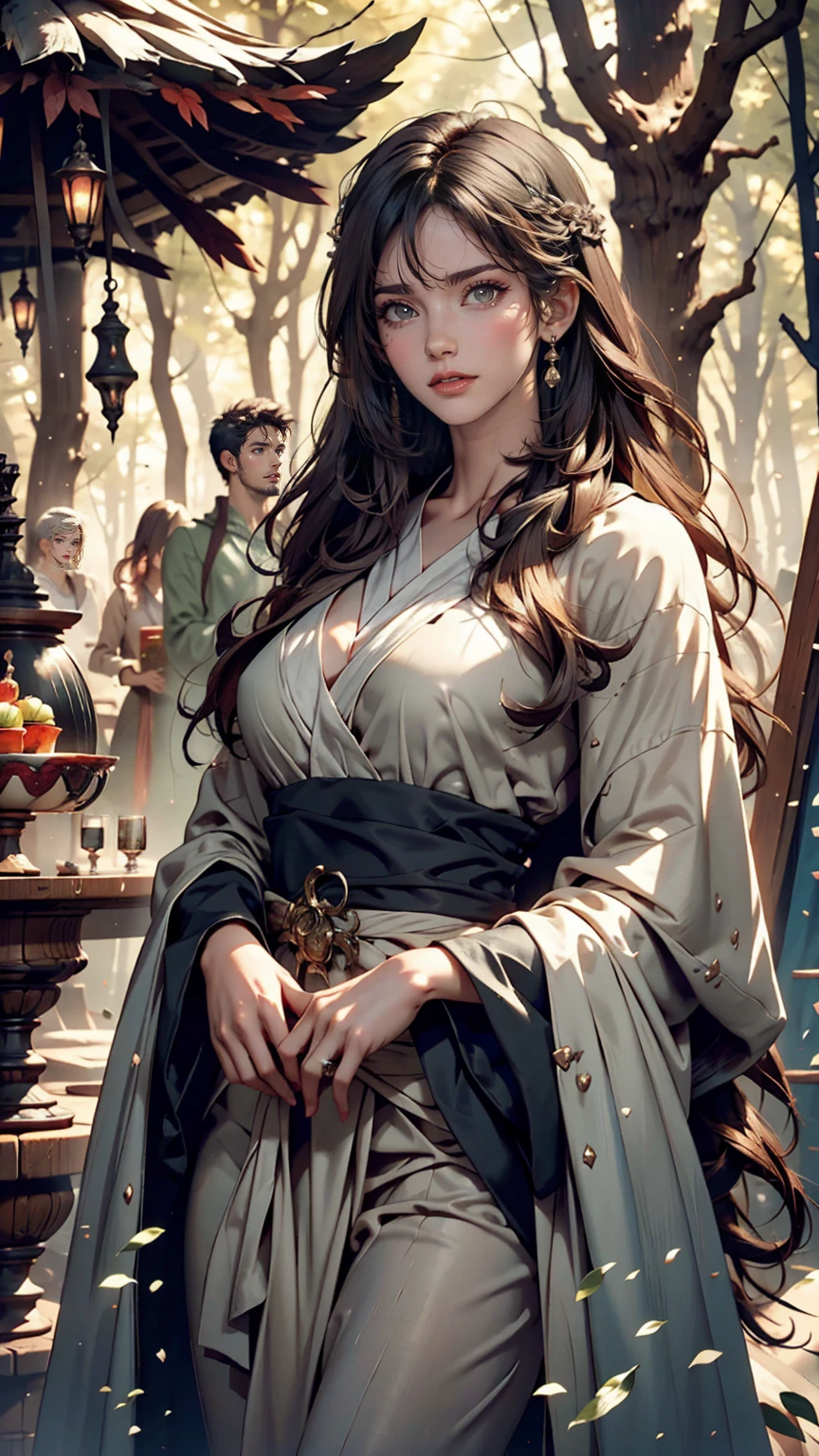 Beautiful girl in a gray robe standing in a dark forest, Magnificent style, Octane Rendering, Desert Composition, Beautiful Face, Surreal, Oil on canvas, Award-winning, masterpiece, Trending on Art Station, Studio Ghibli