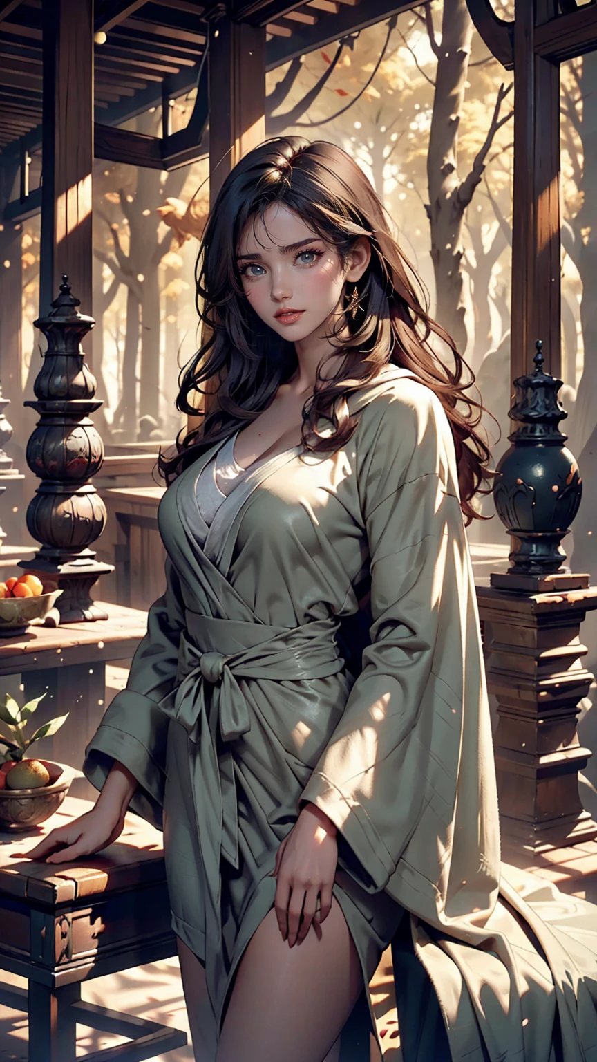 Beautiful girl in a gray robe standing in a dark forest, Magnificent style, Octane Rendering, Desert Composition, Beautiful Face, Surreal, Oil on canvas, Award-winning, masterpiece, Trending on Art Station, Studio Ghibli