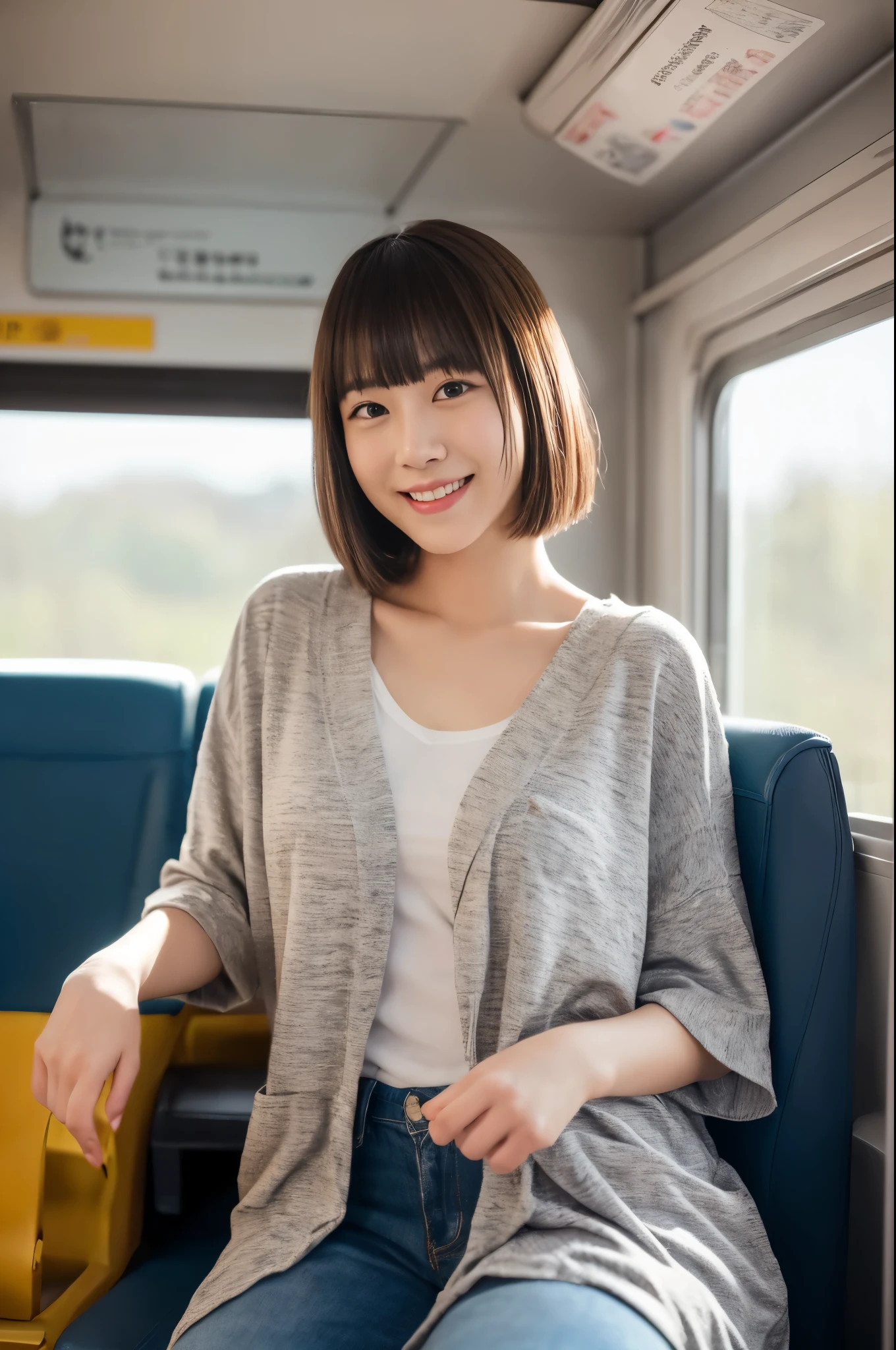 ((Tabletop:1.4, highest quality)), (Realistic photos:1.4), 
((1 girl)), (Pure actress),
(超High resolution:1.2), Very delicate and beautiful, wonderful, Very detailed CG Unity 8k wallpaper, Very detailed, High resolution, 
Soft Light, Beautiful detailed girl, Very detailedな目と顔, Beautiful and detailed nose, Beautiful and detailed, 
(Wear casual spring clothes:1.3), 
Cinema Lighting, Perfect Anatomy, Slender body, (Parted bangs),
(Riding on a Japanese local train:1.3), (Car window), (Japan&#39;The original landscape of),
Cowboy Shot, Looking at the audience, smile
