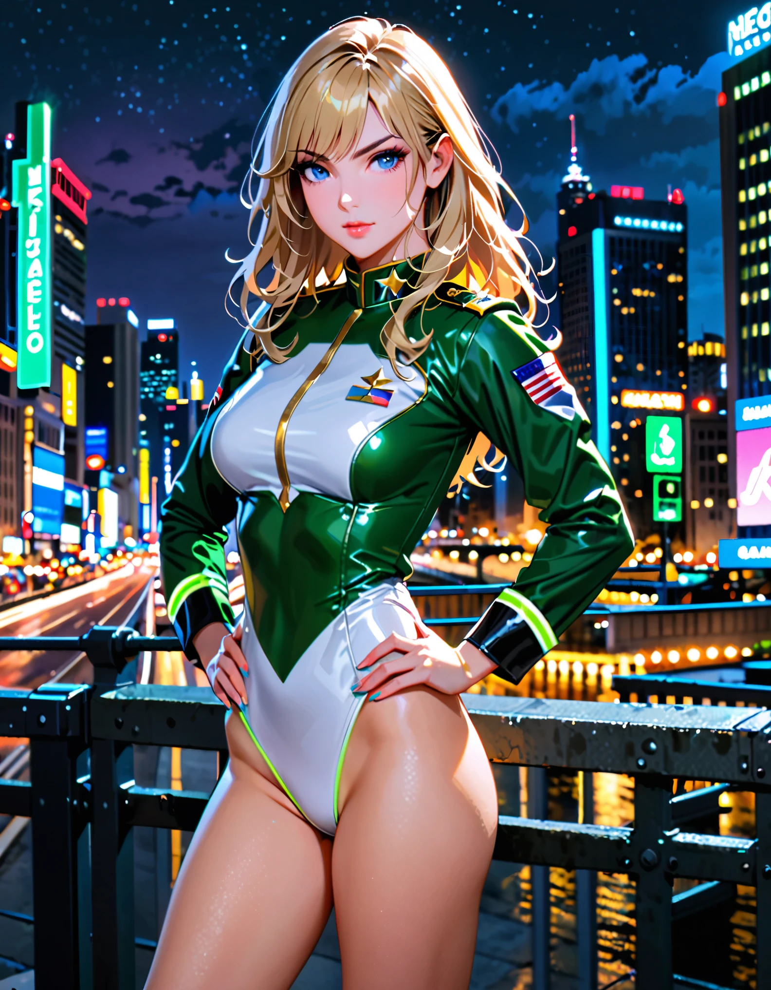 best quality, masterpiece, highres, solo, solo focus, 1lady, semi-realistic, dynamic heroic pose, standing straight, blonde hair, blue eyes, beautiful detailed eyes, beautiful detailed face, perfect hands, sexy us military officer, dressed in a green and white leotard, city backdrop, neon edge lighting, highly detailed, professional, bare legs, matching boots, ankle-high boots, full body shot, hands on hip, medium hair, hair down, nighttime.