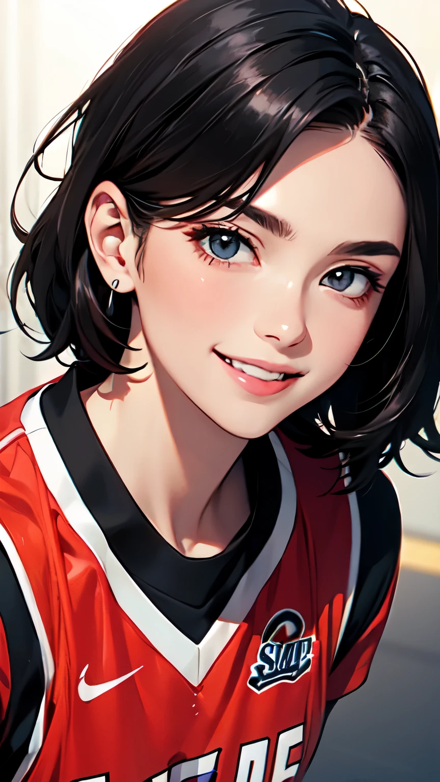 Slam Dunk female protagonist, fictional, dunk shot, basketball uniform, sense of speed, short black hair, detailed eyes, detailed face, medium bust, smiling