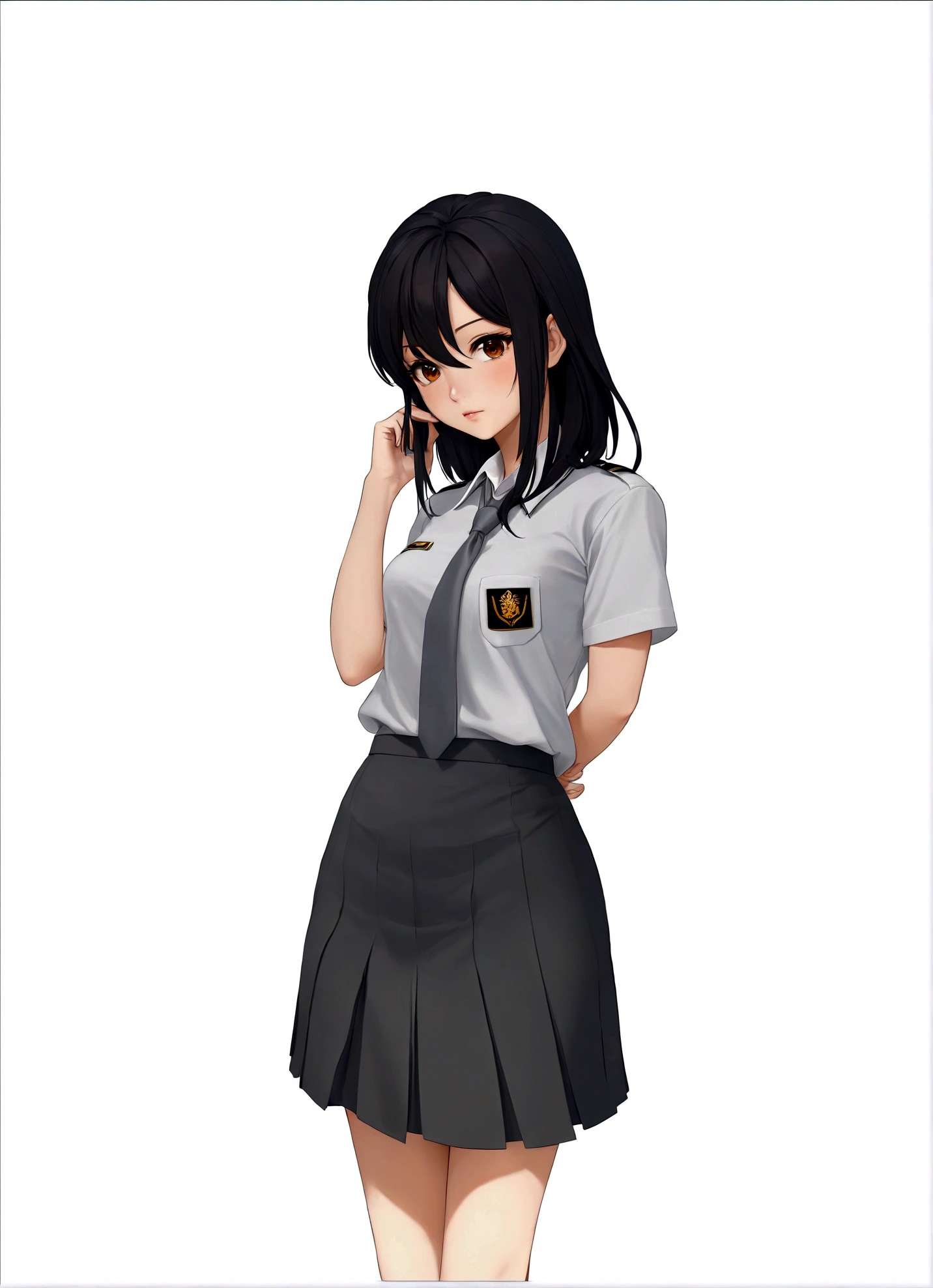a beautyfull girl medium hair black, brown eyes wearing white uniform, gray tie and gray skirt, realistic style, dynamic light
