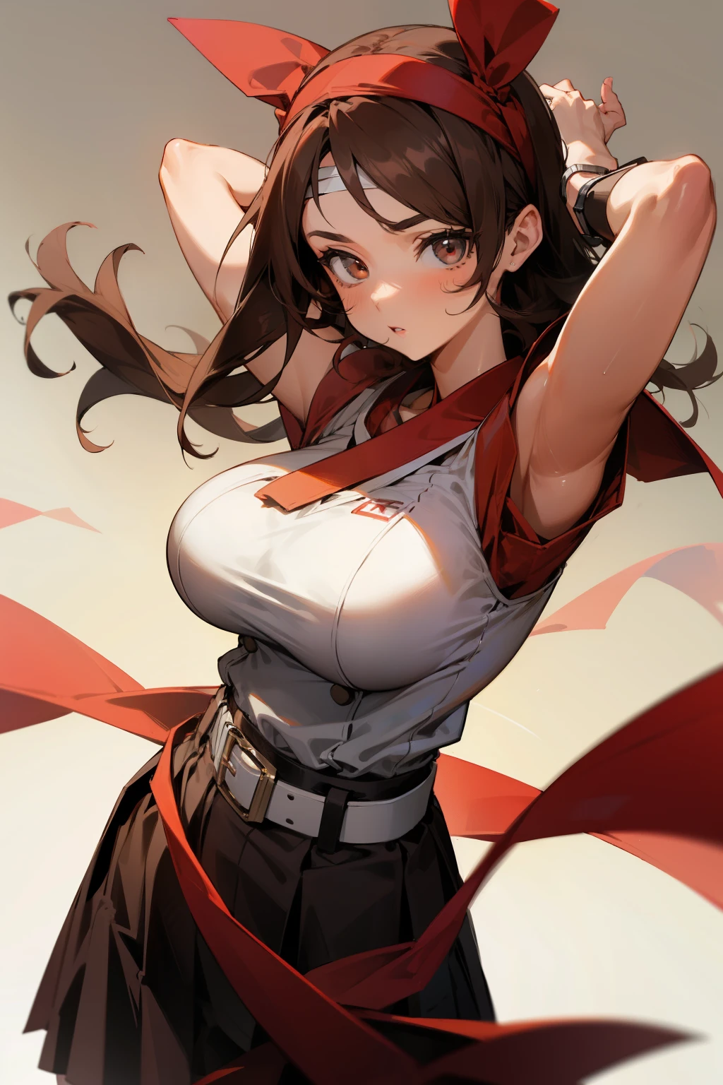 Girl, brown hair, red headband, skirt, black belt, big breasts