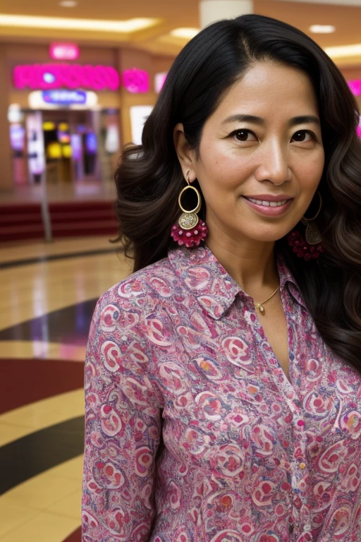 a high-quality photo of a beautiful 29-year-old woman of Pakistani, Moroccan, Bolivian, and Brazilian descent, with an olive skin tone and medium curly hair. She is wearing a simple pink wool blouse with a floral print and a pair of earrings, smiling discreetly. The background is inside a poor mall with a movie theater themed after Barbie. The shot was taken with a simple iPhone camera in 2023 and enhanced with an Instagram filter to bring out the colors and details. The atmosphere is one of beauty and grace, despite the surroundings. The artists who would be unlikely to collaborate but would juxtapose uniquely: Annie Leibovitz, Sebastiao Salgado, Ai Weiwei, Yayoi Kusama, and Jeff Koons.