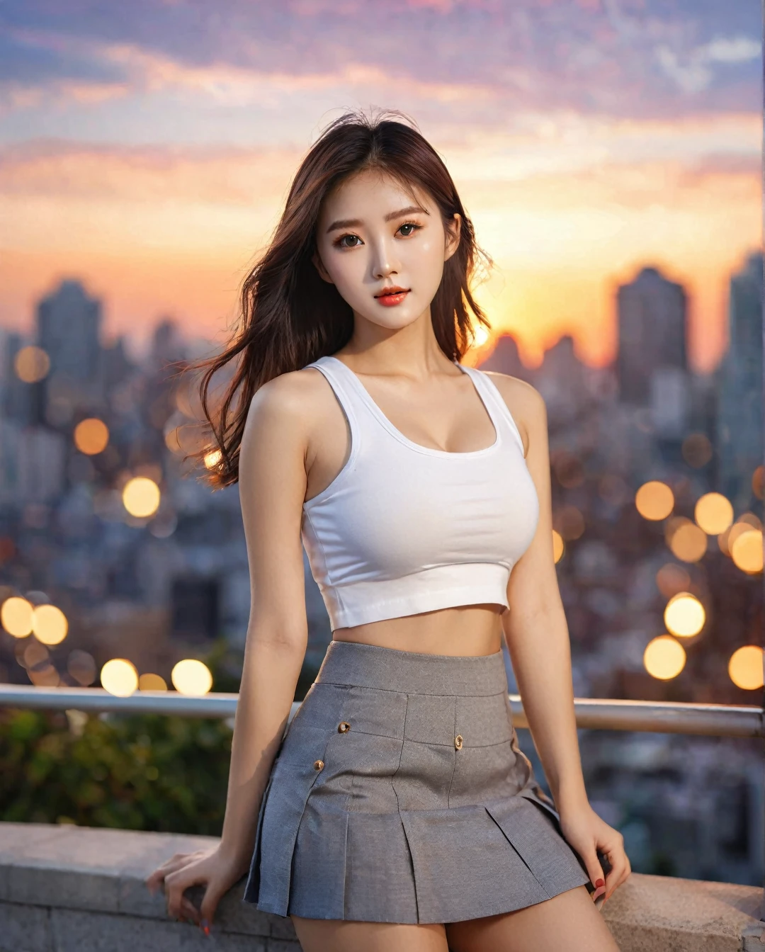 Full body of beautiful korean female, 34 inch breasts size, wearing crop tank top, and short skirt, in the city, sunset light, bokeh background, UHD