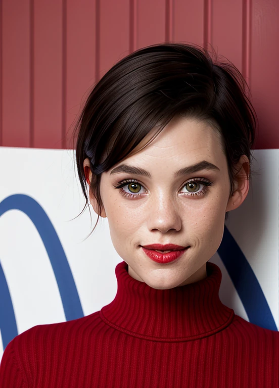 portrait of  AstBrgs woman, in front of a colorful wall, outside, happy, red sweater and a blue high-waisted pants, epic character composition, short hair, smile, red lips, makeup
