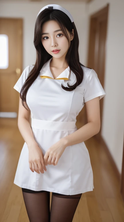 (8K, best quality, masterpiece, Golden Ratio Composition,:1.3), (Beautiful Korean woman in her 20s), (穿着Black pantyhose,), (Nurse dressed in white:1.2), (Huge breasts), (Long legs), short hair, Black pantyhose