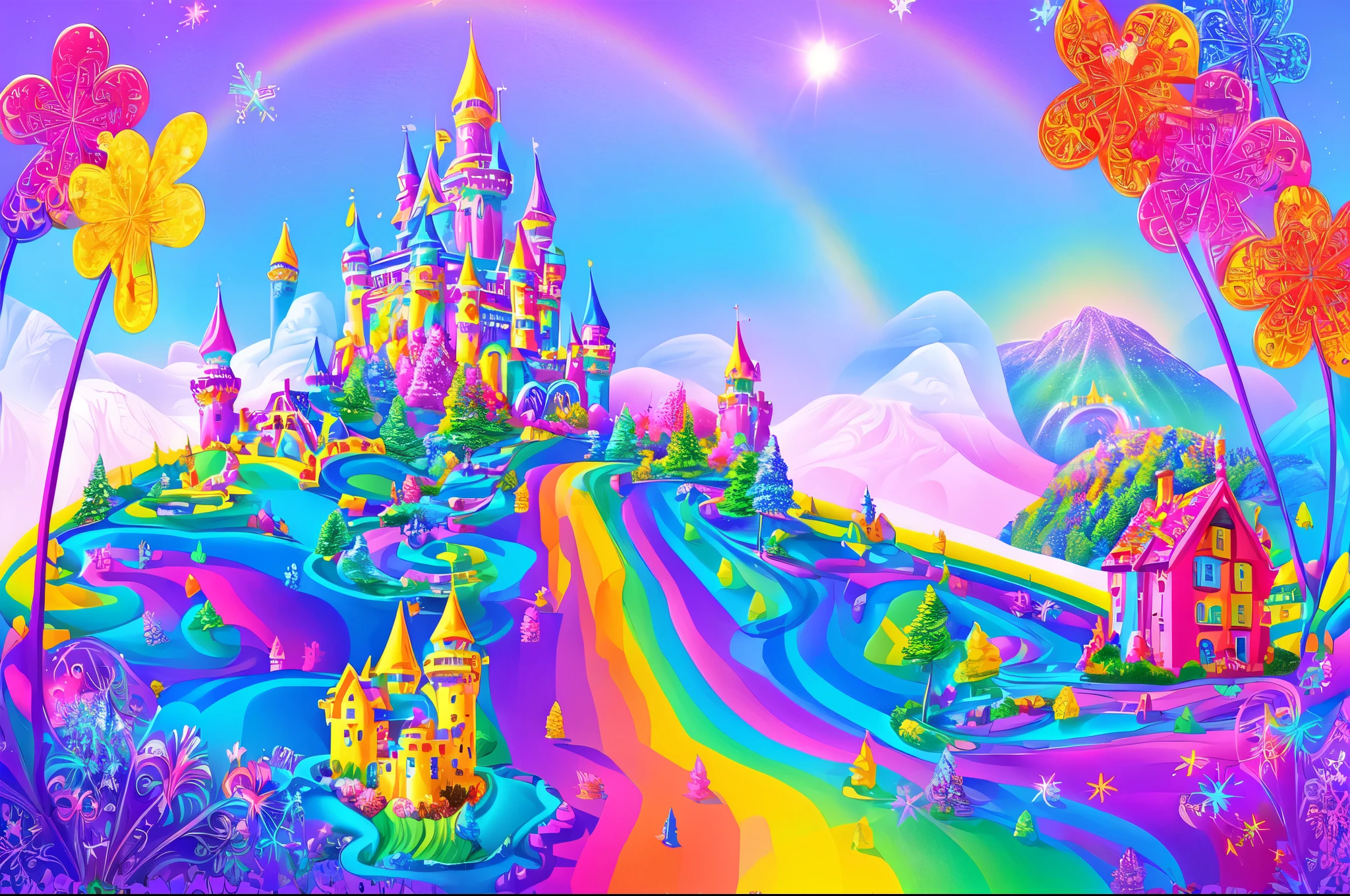 bright castle with a rainbow in the foreground, in the style of Lisa Frank, bizarre and psychedelic, challenging rainbow environment, Magic world. Colorful, Lisa Frank style, Lisa - Frank, In the artistic style of Lisa Frank, inspired by Lisa Frank, whimsical fantasy landscape art, Psychedelic landscape, candyland, : Psychedelic ski resort