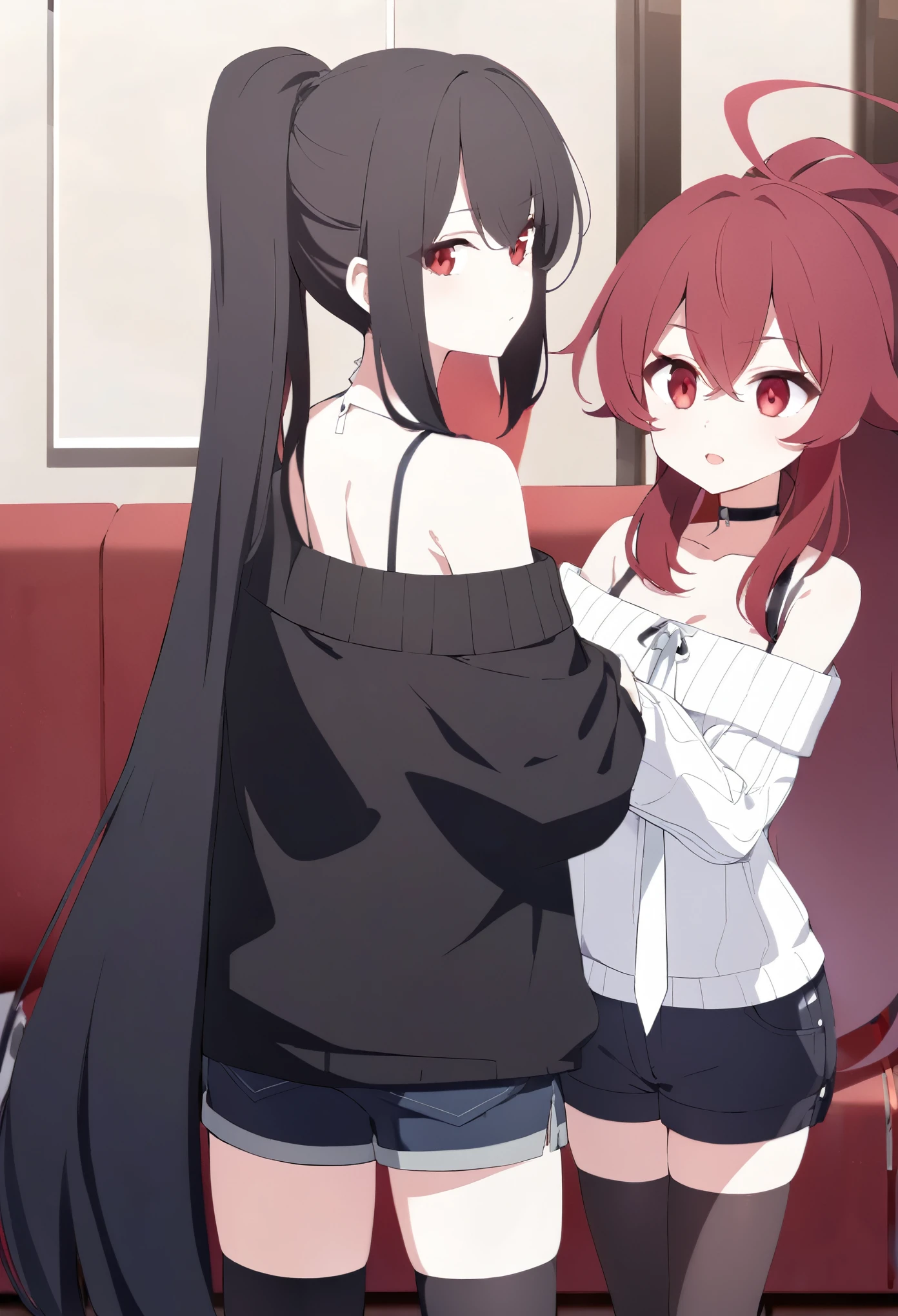 ((Black, long ponytail hairstyle)), ((Red eyes)), ((Wearing an offshoulder sweater with shorts)), ((White tie)), ((Black stockings)).