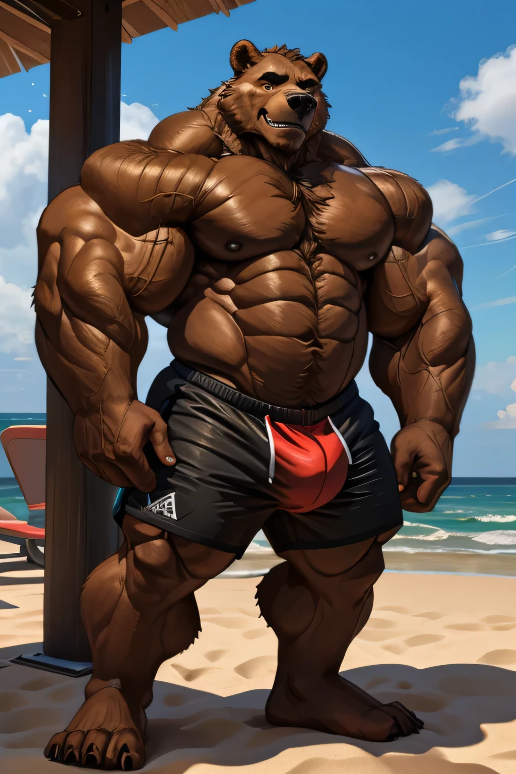 solo, 2boys, muscle beach gym, size different, extremely huge muscular, massive muscular, grizzly bear, full-body, well-muscled, being shirtless in a black swim trunk shorts and black wristbands in beach. Flexing the whole body. Doing lat spread pose. Being Super strong. ((extremely muscle size, super thick arms, huge back, thick brown fur, extremely wide back and shoulder, powerful body, huge arms, veiny)). and add details to make it attractive and interesting. Added eyes. Add textures and details to make the image more realistic, such as the appearance of the body-built texture and the appearance of the fur. Make sure the resulting image is high resolution, 8K quality.", simple background, masterpiece, high detailed, 8k, high resolution