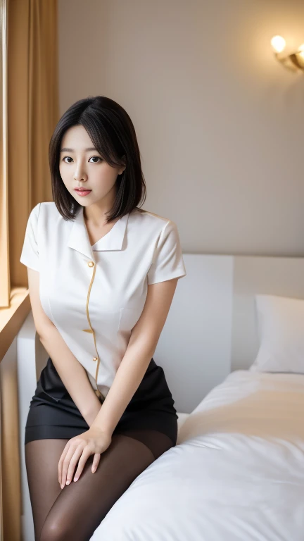 (8K, best quality, masterpiece, Golden Ratio Composition,:1.3), (Beautiful Korean woman in her 30s), (穿着Black pantyhose,), (Nurse dressed in white:1.2), (Huge breasts), (Long legs), short hair, Black pantyhose