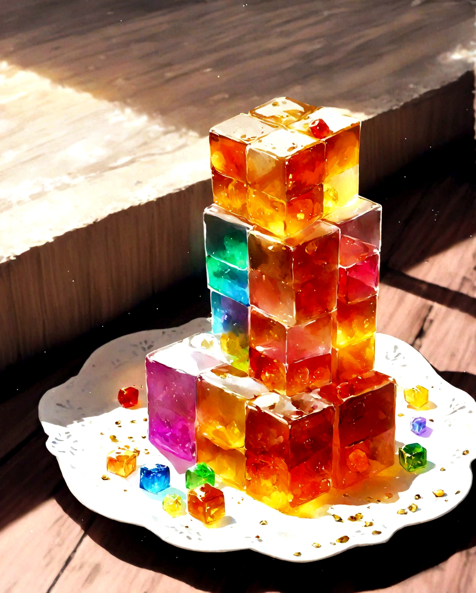 The Gelatinous Cubes are a dazzling array of bite-sized treats, each cube exhibiting a vibrant and otherworldly glow. These cubes are slightly translucent, allowing glimpses of the magical ingredients suspended within. They come in an assortment of jewel-toned colors such as emerald green, sapphire blue, amethyst purple, and ruby red, each hue intensified by the arcane food coloring used in their creation.