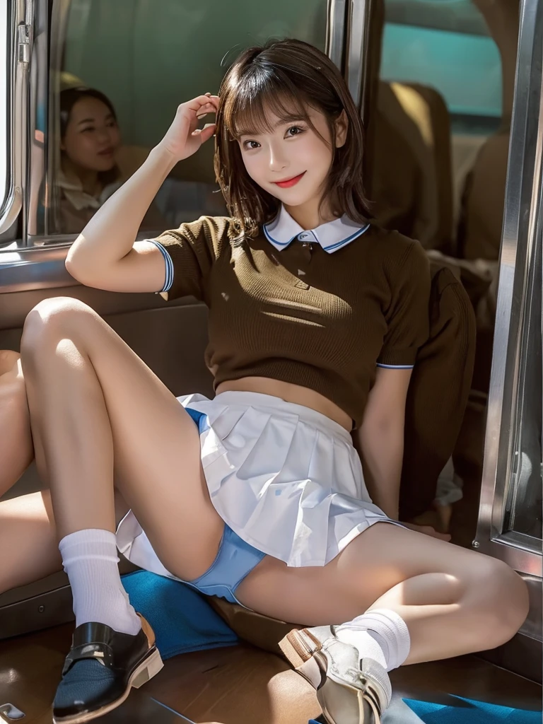 top-quality,ighly detailed,​masterpiece,realisitic,Photo Real,Bright lighting,1 girl in, Very beautiful KPOP idol, (kawaii:1.2),Faint smile, (Brown eyes),(Black hair ponytail),(bangss),perfect glossy skin,flawless skin,((Erotic,Sexy and  explicit)),((Precise hands without dissonance)), large full breasts,large and thin waist, Watch your audience,,((Short sleeve uniform white shirt)),(Blue Mini Pleated Skirt),(((skirt lift by yourself))),(lifted by self),(Show panties),she wears transparent panties with red lace.,Panties that dig into the crotch、panties focus,((sitted,Open )), socks knee socks),(Loafer shoes), Daytime,On the train,Long horizontal sheet with your back to the window, with big smiles on their faces