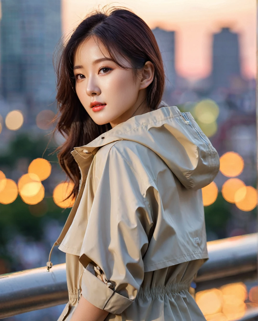 close-up of beautiful korean female, 34 inch breasts size, wearing crop tank top, and rolled sleeves unzipp raincoat, pants, in the city, sunset light, bokeh background, UHD