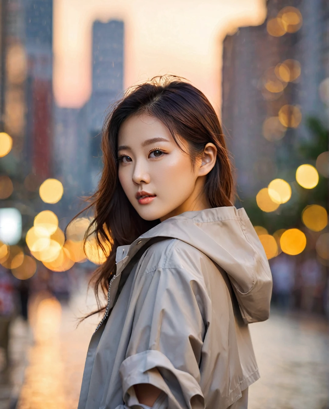 close-up of beautiful korean female, 34 inch breasts size, wearing crop tank top, and rolled sleeves unzipp raincoat, pants, in the city, sunset light, bokeh background, UHD