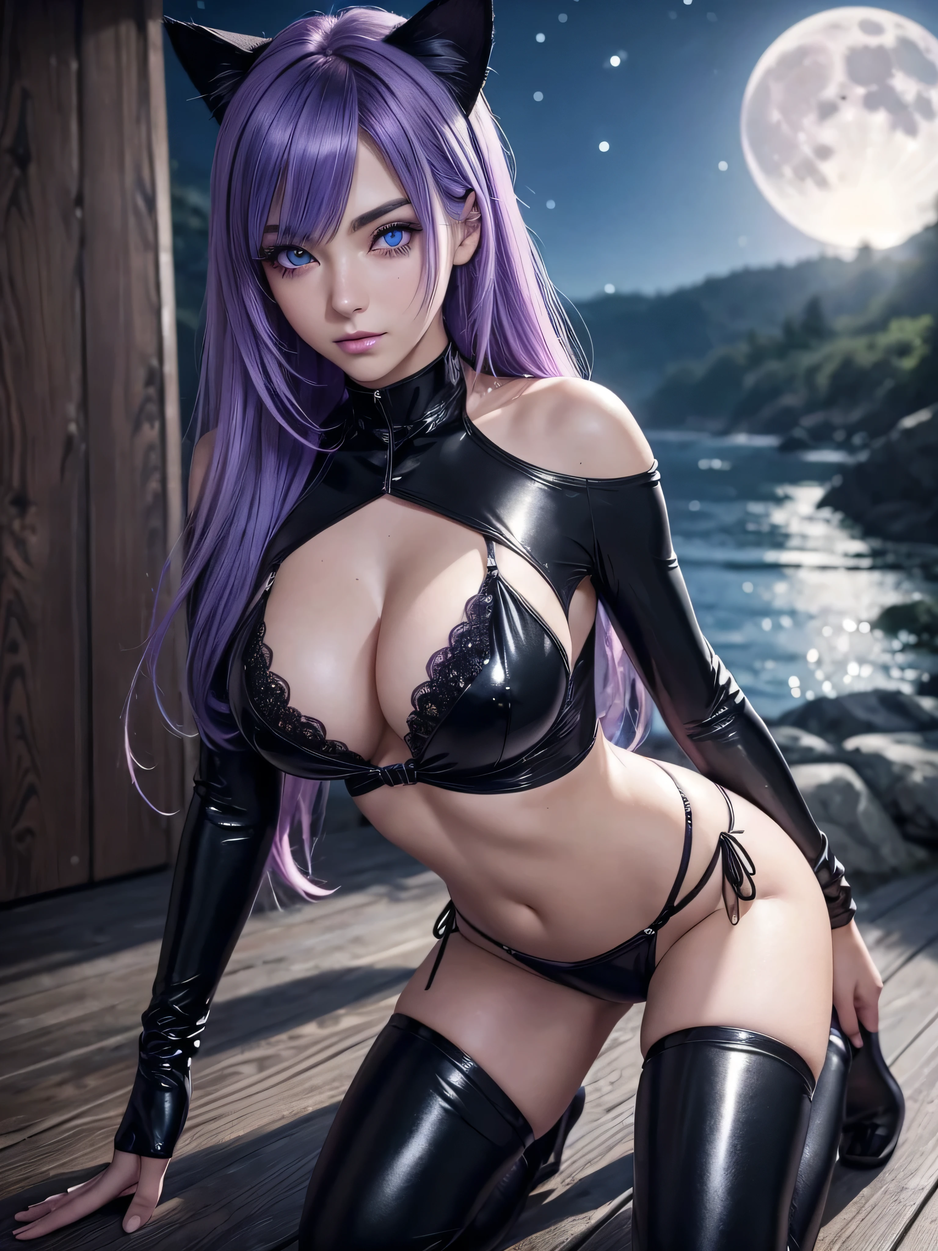 anime girls with cat ears and black side-tie bikini posing for a picture, seductive anime girls, hyperrealistic , beautiful alluring anime womans, 3d anime girls, attractive anime girls, seductive. highly detailed, anime highly detailed, , beautiful alluring anime teens, anime girls, a hyperrealistic , photorealistic anime girl render, yuri, cleavage, Mesmerizing eye contact, wooden floor, realistic, black hair, Watercolor touches, glitter lingersuit, amber eyes, big_natural_breasts, sagging_breasts, medium_breasts, Busty Milf, kneeling_forward, large_breasts, nsfw, luminescent lingersuit paint, night sky, full moon, hand on own head, waterfall, bioluminescent violet hair, niples, (Detailed eyes,Long eyelashes,Bright and colorful iris,Expressive eyebrows,Blend eyeshadow perfectly,Eyes sparkle,Reflective eyeballs, Heterochromia)