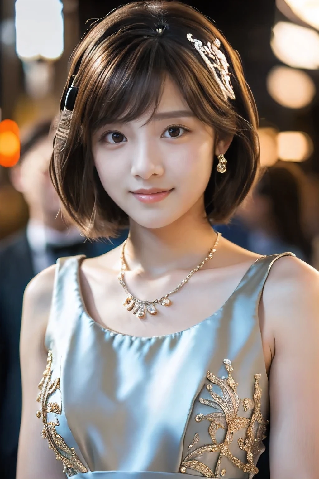 (An 18-year-old woman at a party:1.5)、(Gentle smile:1.2)、(The best quality at its best:1.4), (Super detailed), (Very detailed CG unified 16k), Beautiful woman with perfect figure: 1.4, Sharp focus: 1.2, Very detailed, High-quality RAW color photos, Professional photography, Great face and eyes, cosmetics, (Amazingly beautiful girl), ((Formal party dress:1.5)), Sexy posture，(View from below), Realistic movie faces, Full body long view from head to toe, Realistic, ((Realistic natural orange red hairstyle)), ( Short Bob Hair:1.5), (necklace:1.5)、, Very beautiful face, Perfect model beauty, Mouth swelling, Highly detailed face and skin texture, Fine grain, double eyelid, Medium chest, smile, (masterpiece), highest quality, High resolution, Very detailed, Blurred Background, Depth of written boundary, Cinema Lighting, Great legs, , Clear, well-maintained skin,