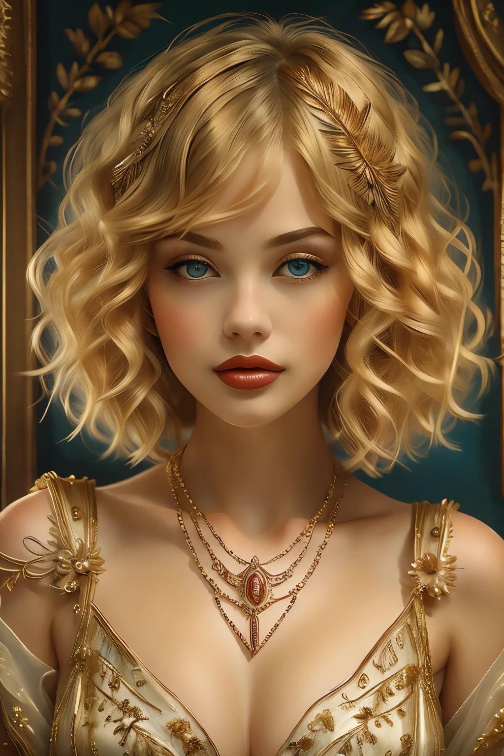 (masterpiece, best quality:1.2),bellissima, realistic, xcharleston style, 1girl, solo, breasts, blue eyes, blonde hair, hair ornament, dress, jewelry, necklace, bracelet, lips, makeup, ring, feathers, lipstick, gem, curly hair, realistic, feather hair ornament, pearl necklace, pearl (gemstone)